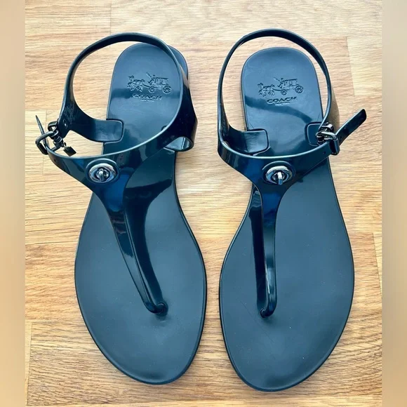Coach Glossy Black “Pelican” Jelly T-Strap Sandals - Picture 2 of 9